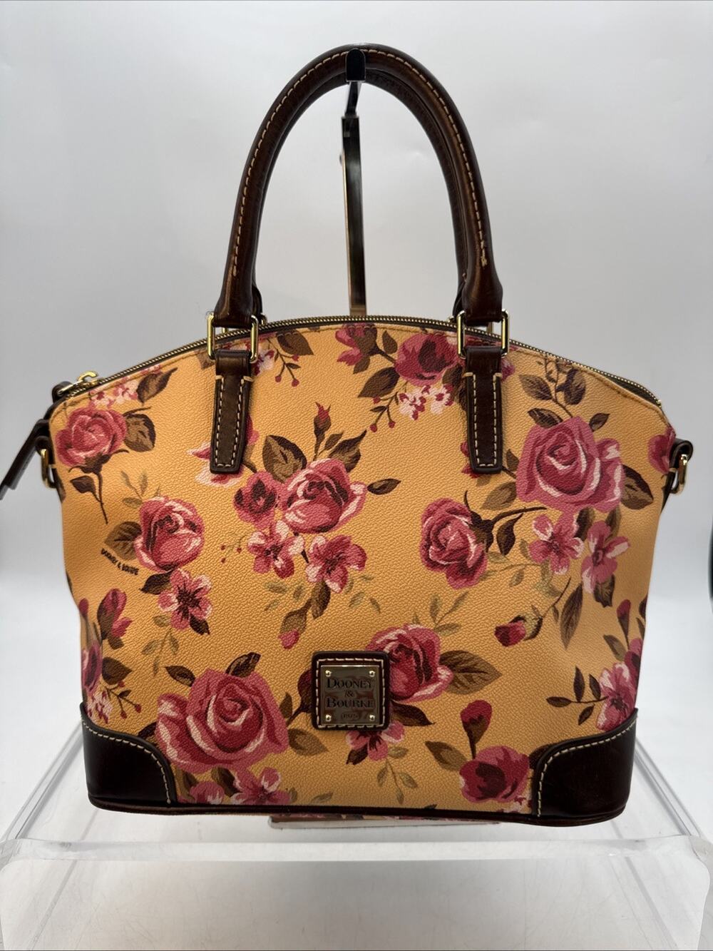 Dooney & Bourke Floral Rose Print Satchel Zip Red Lining Gold See Description